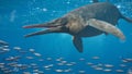 Ichthyosaur swimming in the ocean, extinct marine reptile from Early Triassic to Late Cretaceous, 3d paleoart rendering