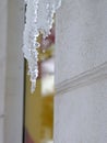 Icicle. clear frozen water hanging above shop window