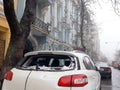 Icicle smashed the car`s rear window Royalty Free Stock Photo