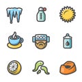 Vector Set of Disease Icons. Cooling, Temperature, Heat, Medicine, Headache, Nasal drop, Lemon, Leeches, Diarrhea.