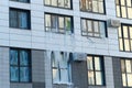 icicle on the windows and glass of a modern house due to an accident in the heating system. Royalty Free Stock Photo