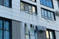 icicle on the windows and glass of a modern house due to an accident in the heating system. Royalty Free Stock Photo