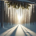 Icicles on a branch in the forest against the background of the sunset sun. Royalty Free Stock Photo