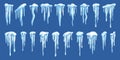 Icicles cartoon elements. Winter icicle, frozen water with snow caps. Ice seasonal nature icons, decorative vector