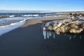 Icicles and frozen rocks on the Baltic Sea. Beautiful winter landscape Royalty Free Stock Photo