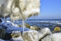 Icicles and frozen rocks on the Baltic Sea. Beautiful winter landscape Royalty Free Stock Photo