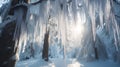 Icicles hanging from the branches of trees in the winter forest Royalty Free Stock Photo