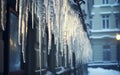 Icicles hanging from city structures - the beauty and danger of long icicles in a city Royalty Free Stock Photo