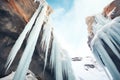 icicles hanging from a frozen canyon waterfall Royalty Free Stock Photo