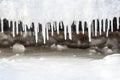 Icicles hanging on a frozen surface Royalty Free Stock Photo