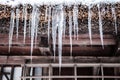 Ice dams, Icicles hanging on gutter eaves of thread roof in winter time