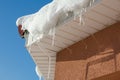 The icicles hanging from the rim of the roof. The spring background of melting ice and snow in the sunny day Royalty Free Stock Photo