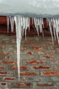 Icicles hanging from the roof of the house against the red brick wall. There is a layer of snow on the roof. Winter Royalty Free Stock Photo