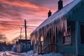 icicles hanging from a roof under a snowy sky