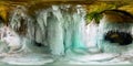 Icicles in the ice cave of Olkhon Island Lake Baikal. Spherical 360 180 vr panorama Royalty Free Stock Photo