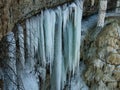 Icicles inside a frozen waterfall. Royalty Free Stock Photo