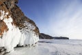 Icicles in Oltrek island rock. Winter landscape of Lake Baikal.