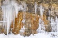 Icicles over a cliff, Cebollera range, La Rioja, Spain Royalty Free Stock Photo