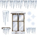 Icicles, seamless border, window with snow, snowflakes set. Watercolor illustration winter collection. Wintertime Royalty Free Stock Photo