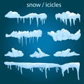 Icicles set on site menu bar and buttons. New year snowflakes decoration kit for website. Icicles and snowflakes