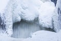 Icicles and snow near flowing water