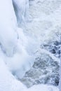 Icicles and snow near flowing water