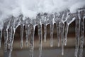 Icicles and snow on roof closeup. Winter weather concept. Froze and ice background. Snow and icicle. Melting icicles.