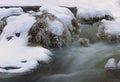 Icicles and snow on small winter creek Royalty Free Stock Photo