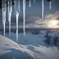 Icicles Hanging From the Roof of a House in the Snow. Generative AI. Royalty Free Stock Photo