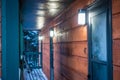 Icicles on a wooden structure in winter after snowstorm