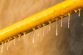 Icicles on a yellow pipe at sunset