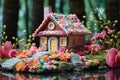 icing-covered gingerbread house with a candy garden