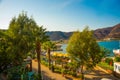 ICMELER, TURKEY: Landscape with a view of the coast and ships in Icmeler on a sunny summer day, near Marmaris in Turkey. Royalty Free Stock Photo