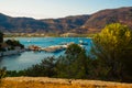 ICMELER, TURKEY: Landscape with a view of the coast and ships in Icmeler on a sunny summer day, near Marmaris in Turkey. Royalty Free Stock Photo