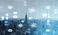 ICO icons, cryptocurrency and digital hologram with locks and New York city