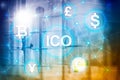 ICO - Initial coin offering, Blockchain and cryptocurrency concept on blurred business building background Royalty Free Stock Photo