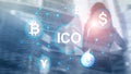 ICO - Initial coin offering, Blockchain and cryptocurrency concept on blurred business building background. Royalty Free Stock Photo