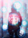 ICO - Initial coin offering, Blockchain and cryptocurrency concept on blurred business building background. Abstract Cover Design Royalty Free Stock Photo