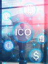 ICO - Initial coin offering, Blockchain and cryptocurrency concept on blurred business building background. Abstract Cover Design Royalty Free Stock Photo