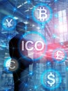 ICO - Initial coin offering, Blockchain and cryptocurrency concept on blurred business building background. Abstract Cover Design Royalty Free Stock Photo