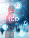 ICO - Initial coin offering, Blockchain and cryptocurrency concept on blurred business building background. Abstract Cover Design Royalty Free Stock Photo