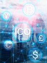 ICO - Initial coin offering, Blockchain and cryptocurrency concept on blurred business building background. Abstract Cover Royalty Free Stock Photo