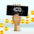 ICO Initial Coin Offering Business Internet Technology Concept on a screen of smartphone device, vector illustration. Royalty Free Stock Photo