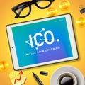 ICO Initial Coin Offering Business Internet Technology Concept on a screen of tablet device, vector illustration. Royalty Free Stock Photo