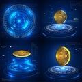 ICO initial coin offering futuristic hud background with bitcoin and graph.