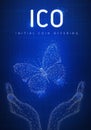 ICO initial coin offering hud banner with hands and butterfly