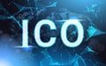 Ico Sign Over Futuristic Low Poly Mesh Wireframe On Blue Background Initial Coin Offering Concept