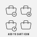 Line drawn shopping icons in black and white with trolleys, carts, basket and sign on merchandise, vector illustration. Flat desig