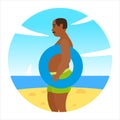 Icon activty on ocean sea summer man with a swimming circle beach. Vacation trip holiday beach , surf, palms, flora Royalty Free Stock Photo