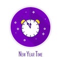 Icon with alarm clock in a coloured circle. Thin line flat design.New Year card. Vector